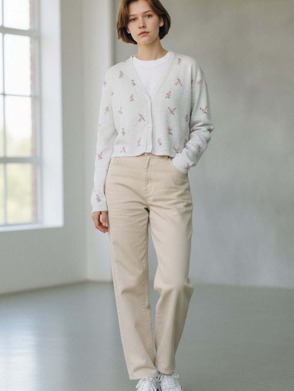bp White Cropped Cardigan with Pink Floral Cottagecore